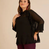 Elegantna šifonska bluza s volanima u crnoj boji