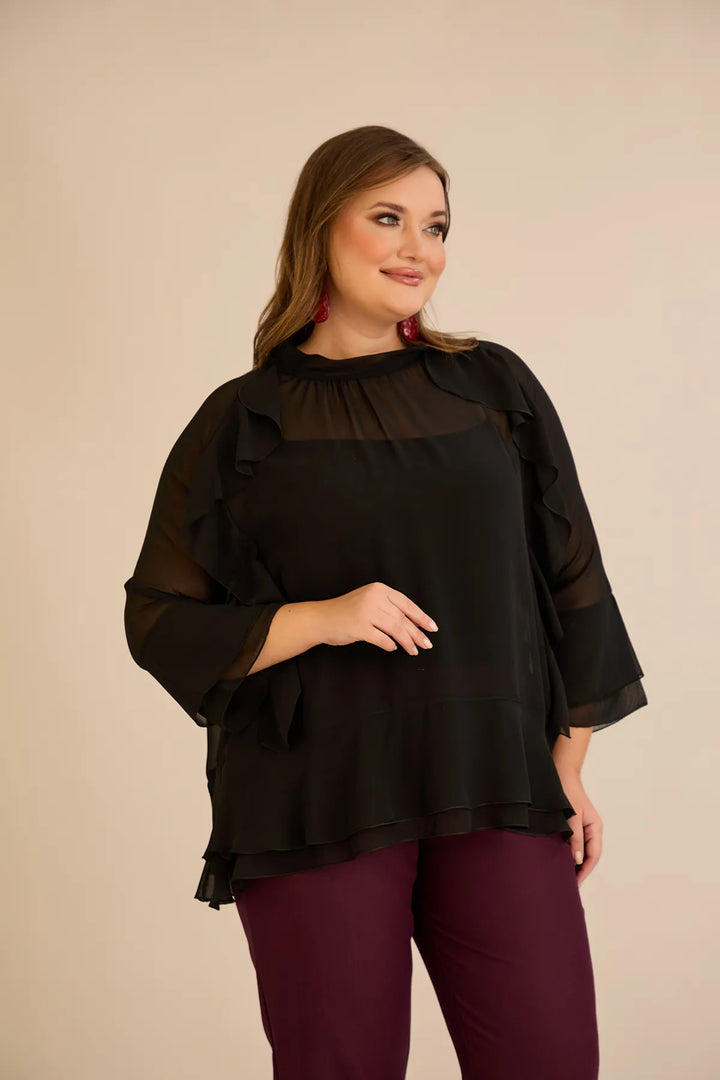 Elegantna šifonska bluza s volanima u crnoj boji