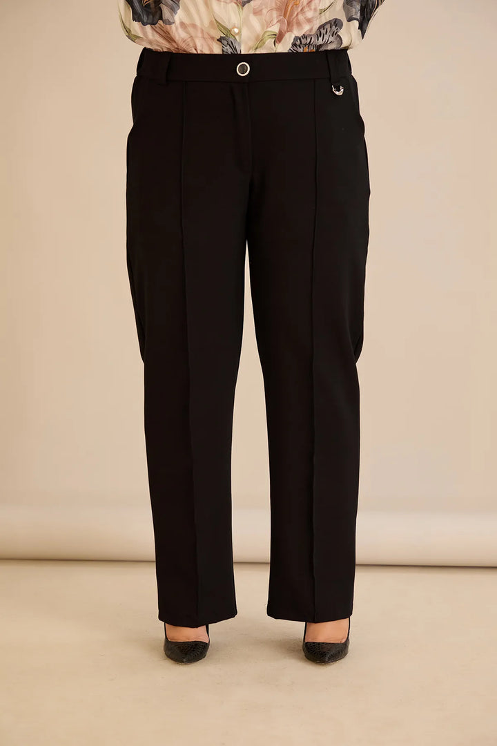 Široke elastične pamuk hlače s rubom crne boje