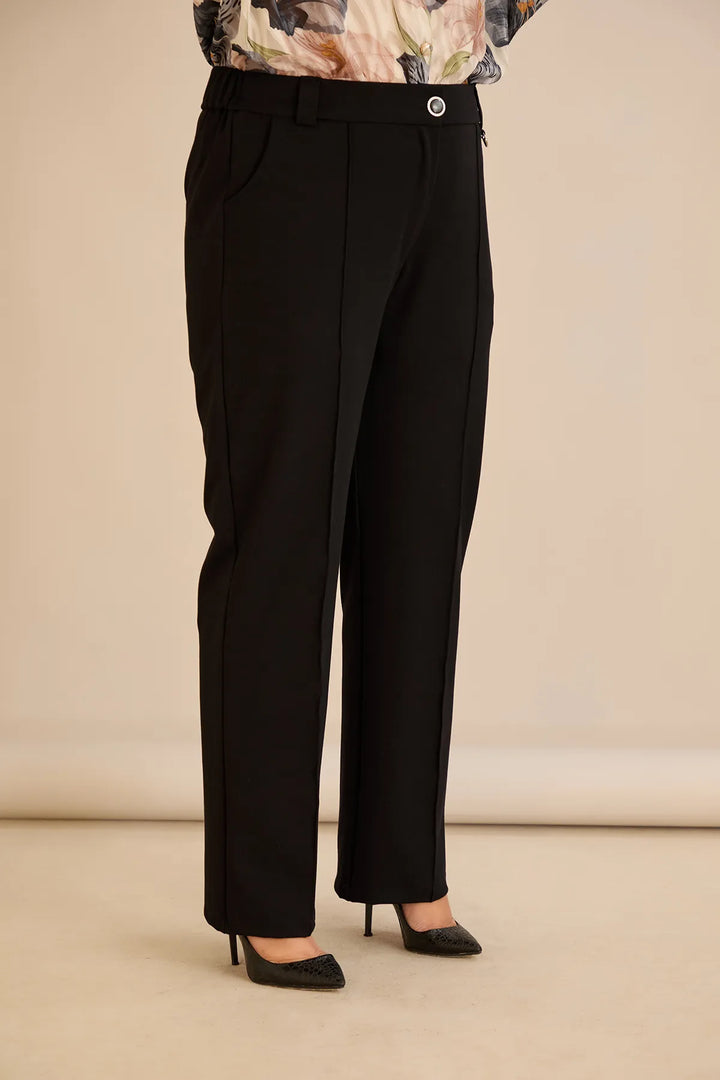 Široke elastične pamuk hlače s rubom crne boje