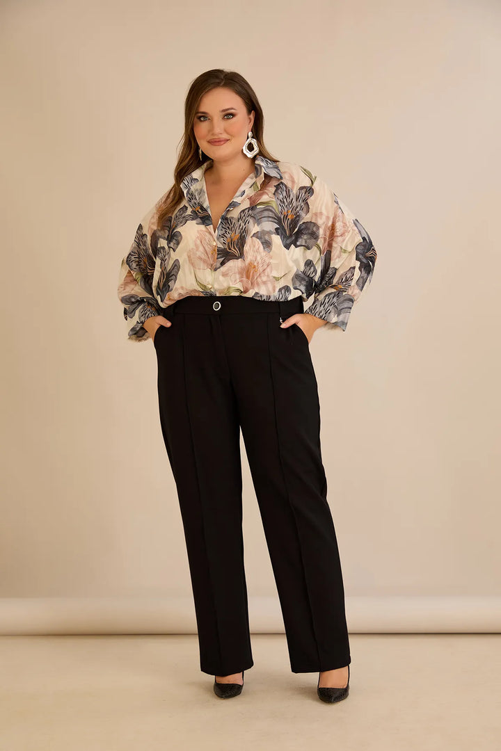 Široke elastične pamuk hlače s rubom crne boje