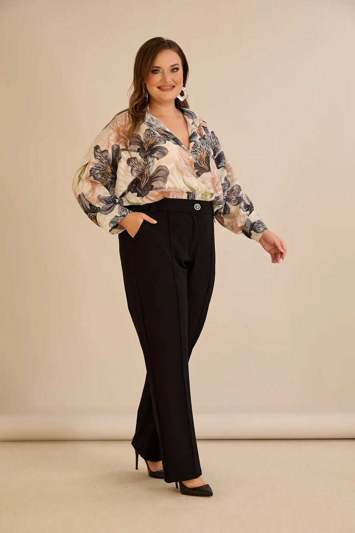 Široke elastične pamuk hlače s rubom crne boje