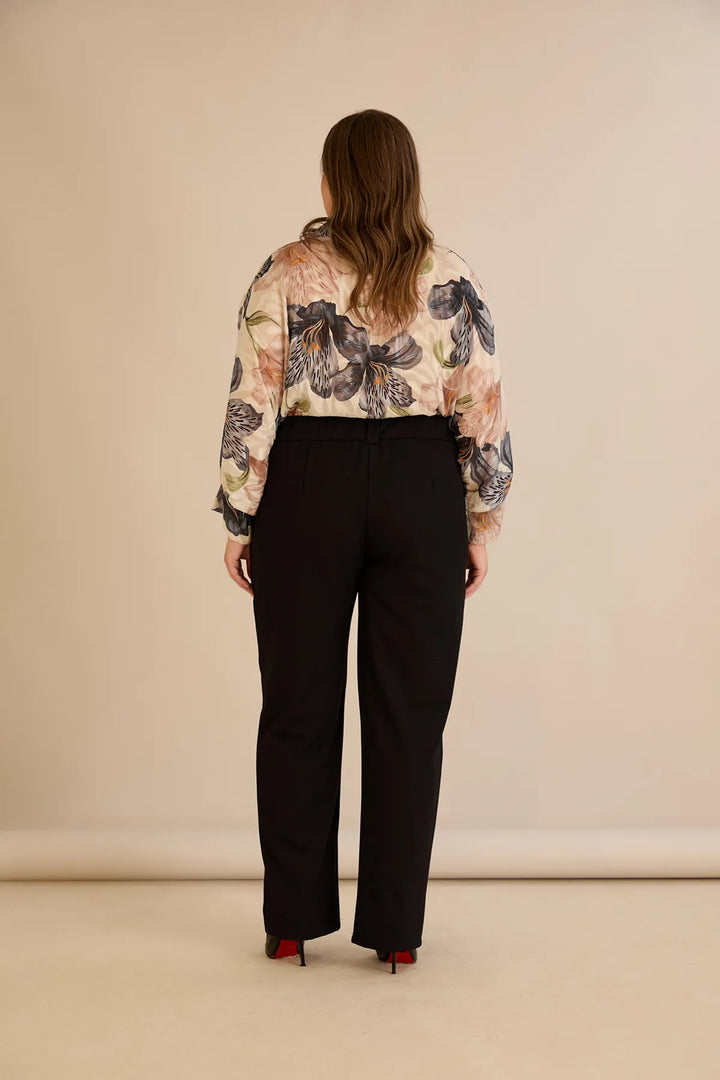 Široke elastične pamuk hlače s rubom crne boje