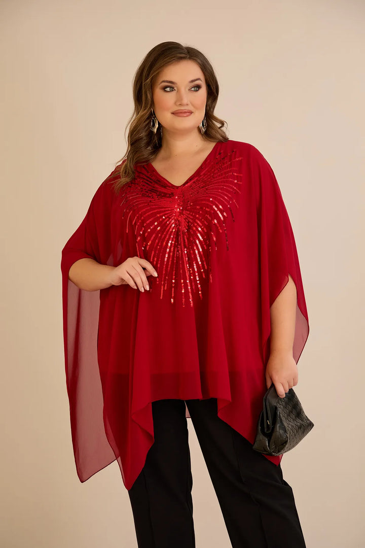 Svečana tunika s naglaskom od šljokica u ležernom kroju u crvenoj boji