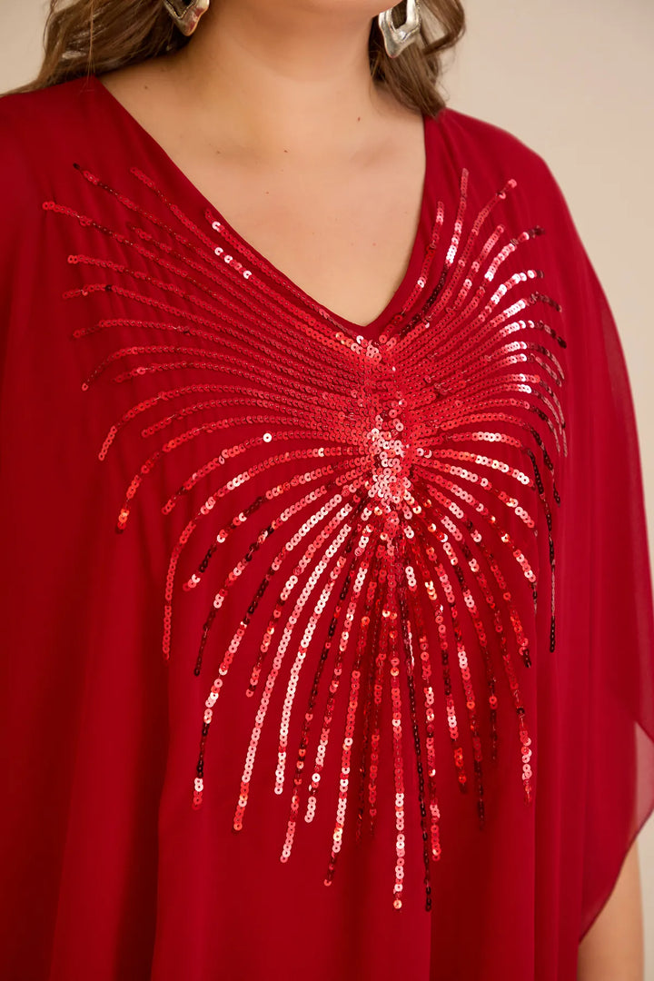 Svečana tunika s naglaskom od šljokica u ležernom kroju u crvenoj boji