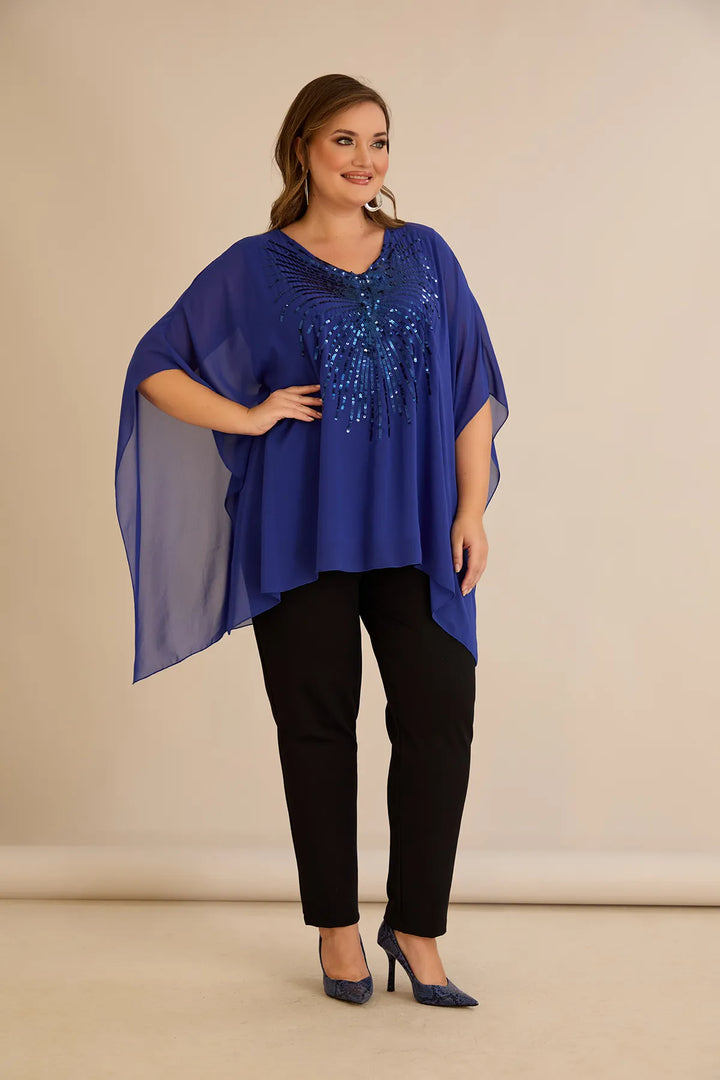 Svečana tunika s naglaskom od šljokica u ležernom kroju u plavoj boji