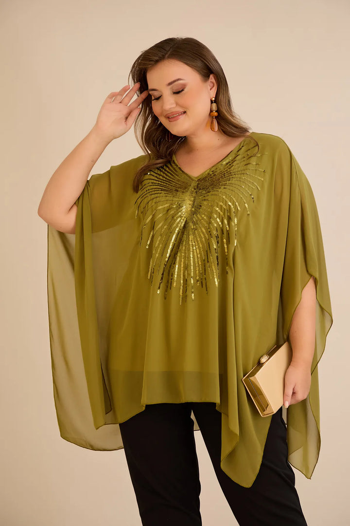 Svečana tunika s naglaskom od šljokica u ležernom kroju u boji pistacije