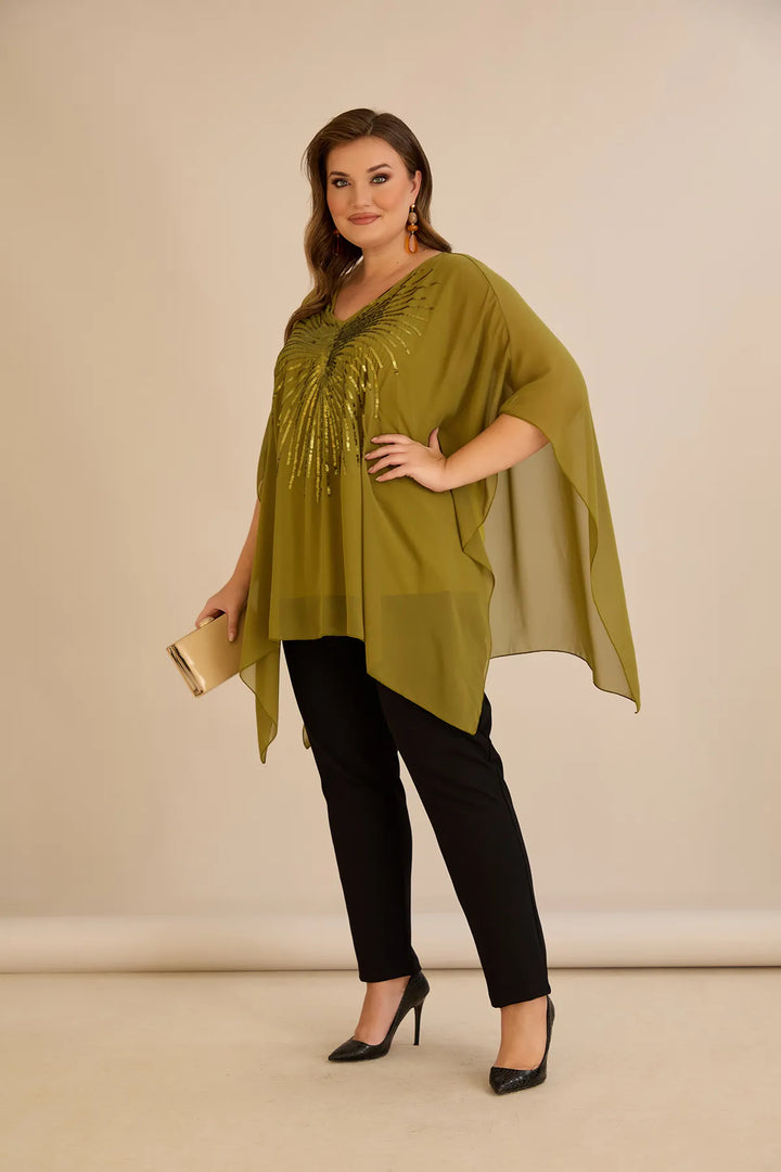 Svečana tunika s naglaskom od šljokica u ležernom kroju u boji pistacije