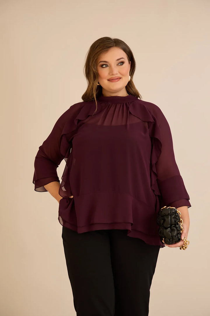 Elegantna šifonska bluza s volanima u bordo boji