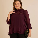 Elegantna šifonska bluza s volanima u bordo boji