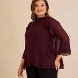 Elegantna šifonska bluza s volanima u bordo boji