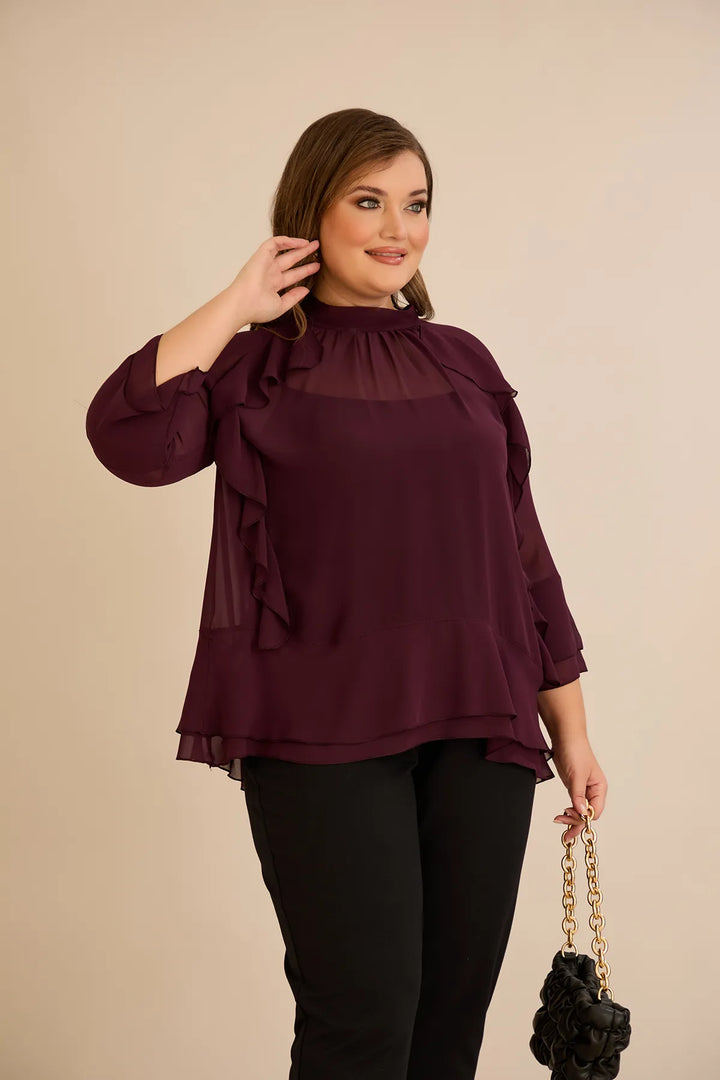 Elegantna šifonska bluza s volanima u bordo boji