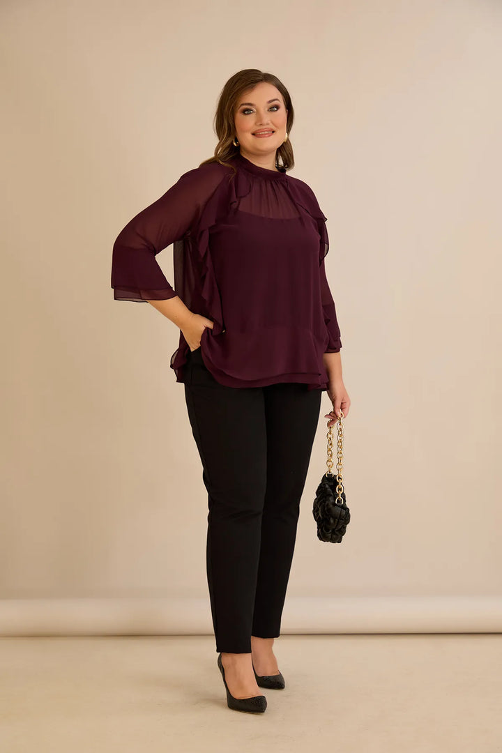 Elegantna šifonska bluza s volanima u bordo boji