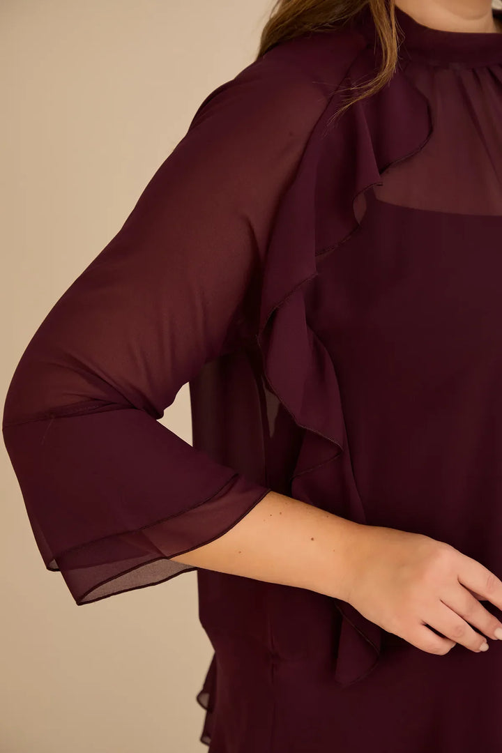 Elegantna šifonska bluza s volanima u bordo boji