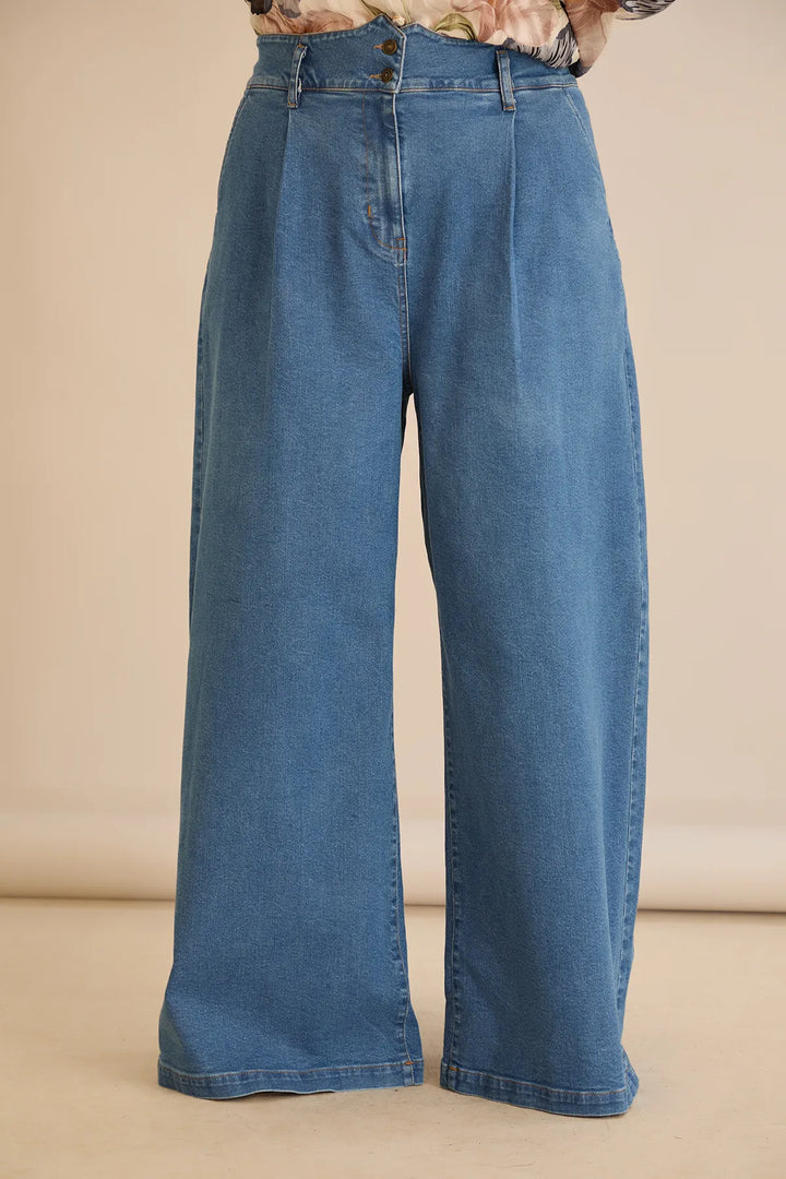 Elastične moderne traperice s širokim nogavicama u plavoj boji