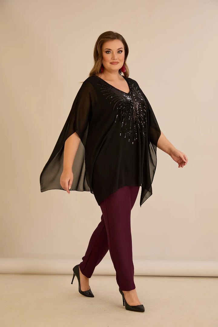 Svečana tunika s naglaskom od šljokica u ležernom kroju u crnoj boji