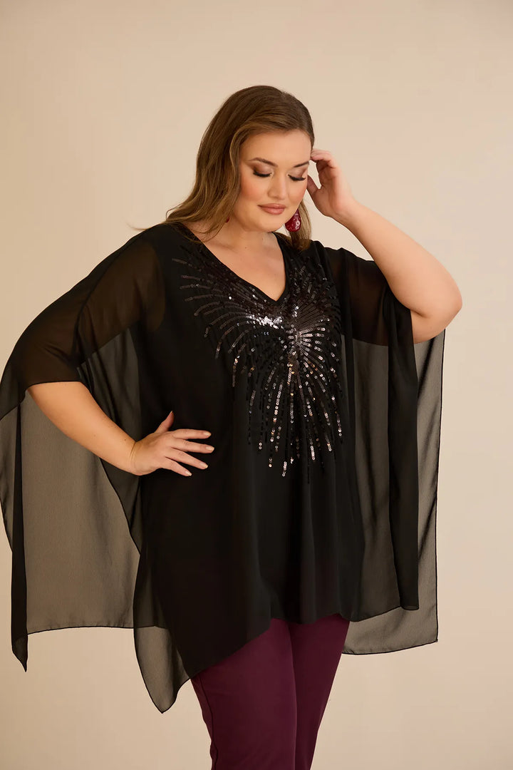 Svečana tunika s naglaskom od šljokica u ležernom kroju u crnoj boji