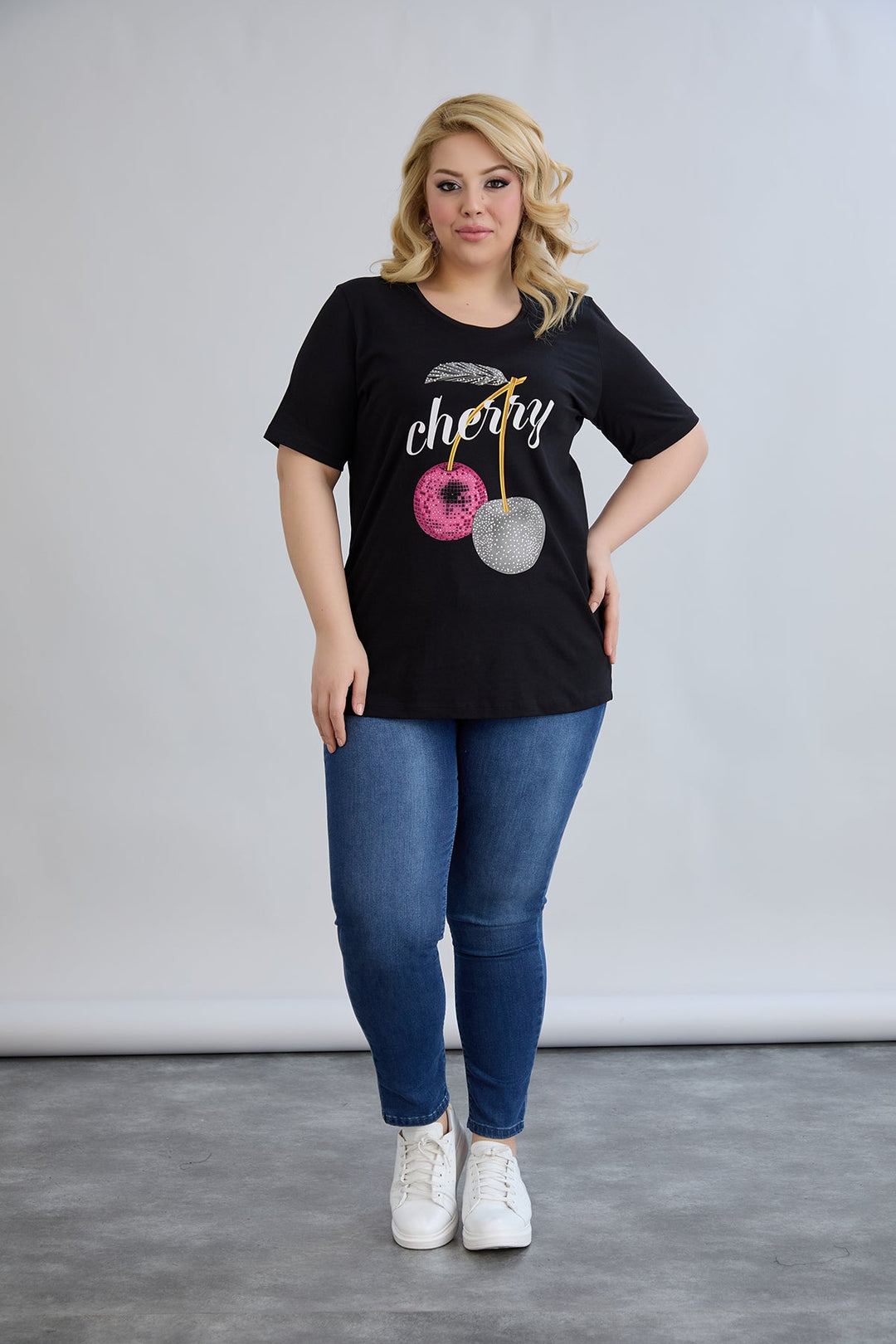 Pamučna majica s kamenčićima Cherry - Crna