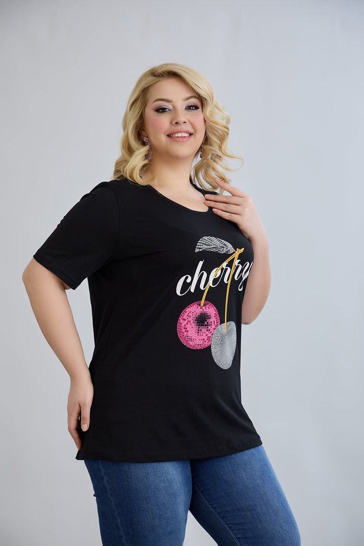 Pamučna majica s kamenčićima Cherry - Crna