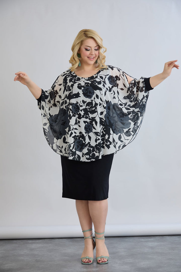 Haljina od šifona s naglaskom na ramenima - cvjetni uzorak