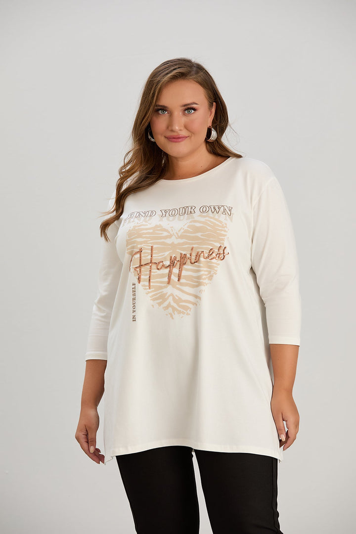 Pamučna tunika u većim veličinama s printom – Happiness – Ecru