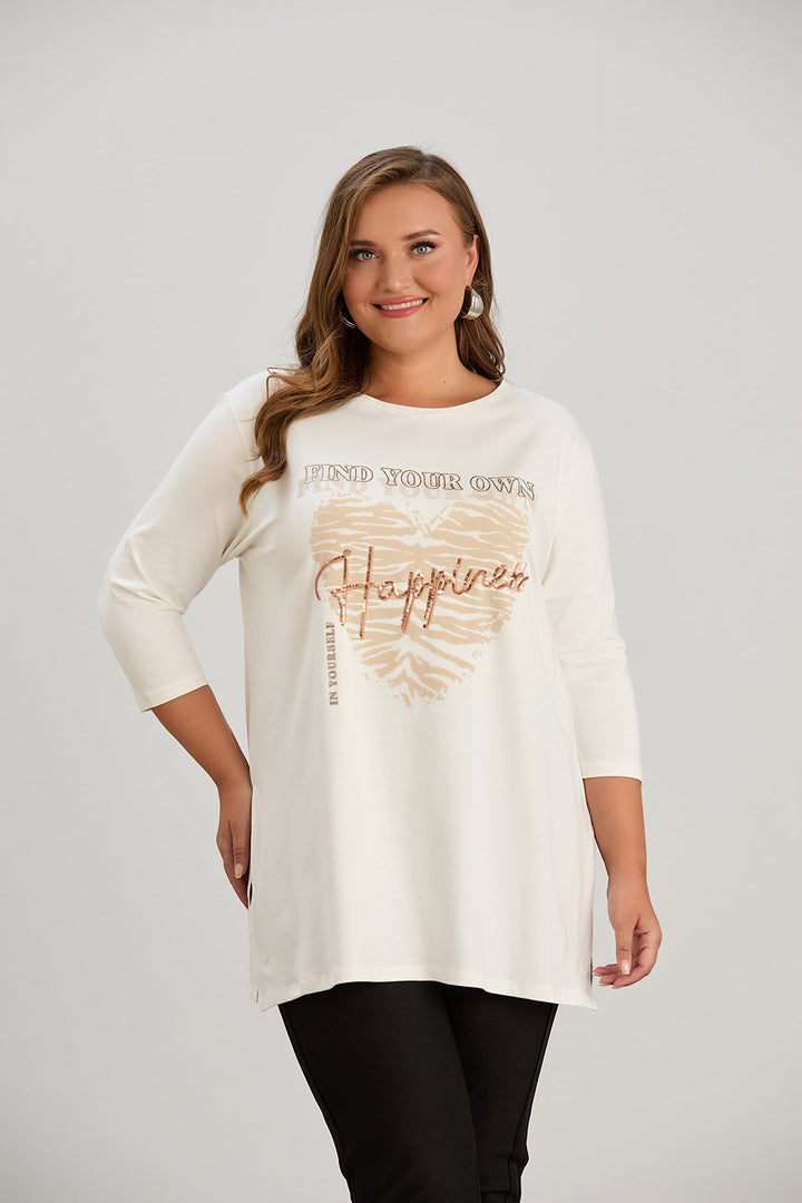 Pamučna tunika u većim veličinama s printom – Happiness – Ecru