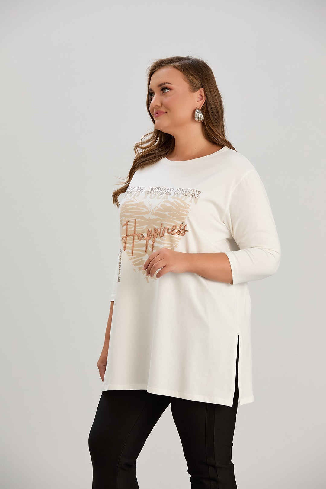 Pamučna tunika u većim veličinama s printom – Happiness – Ecru