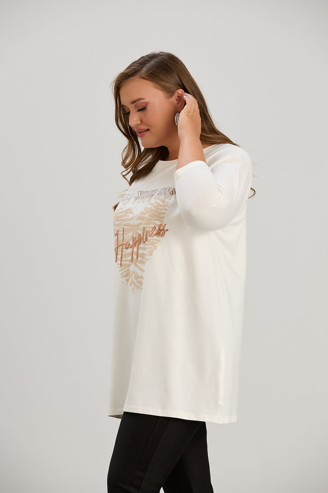 Pamučna tunika u većim veličinama s printom – Happiness – Ecru