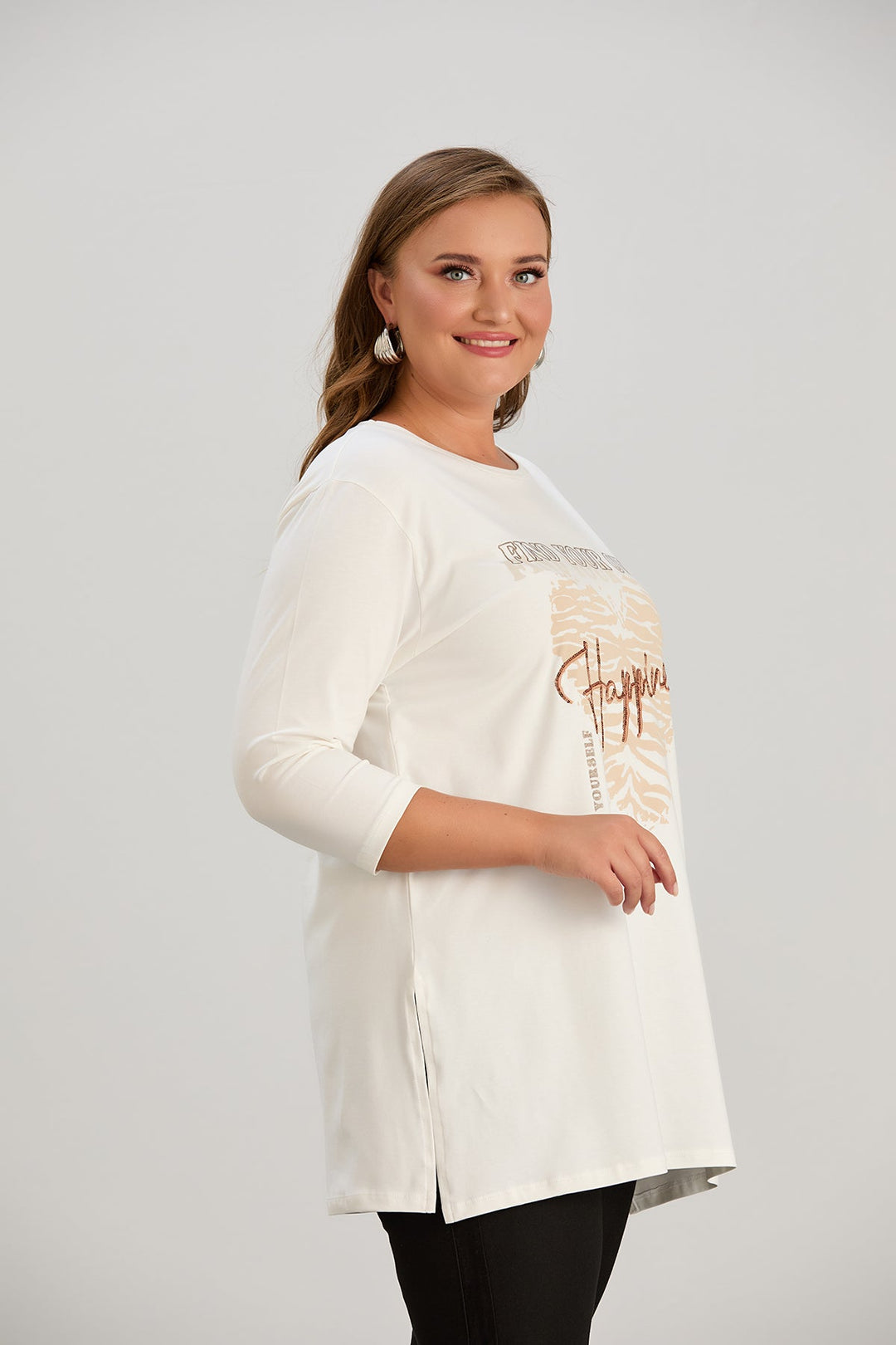 Pamučna tunika u većim veličinama s printom – Happiness – Ecru