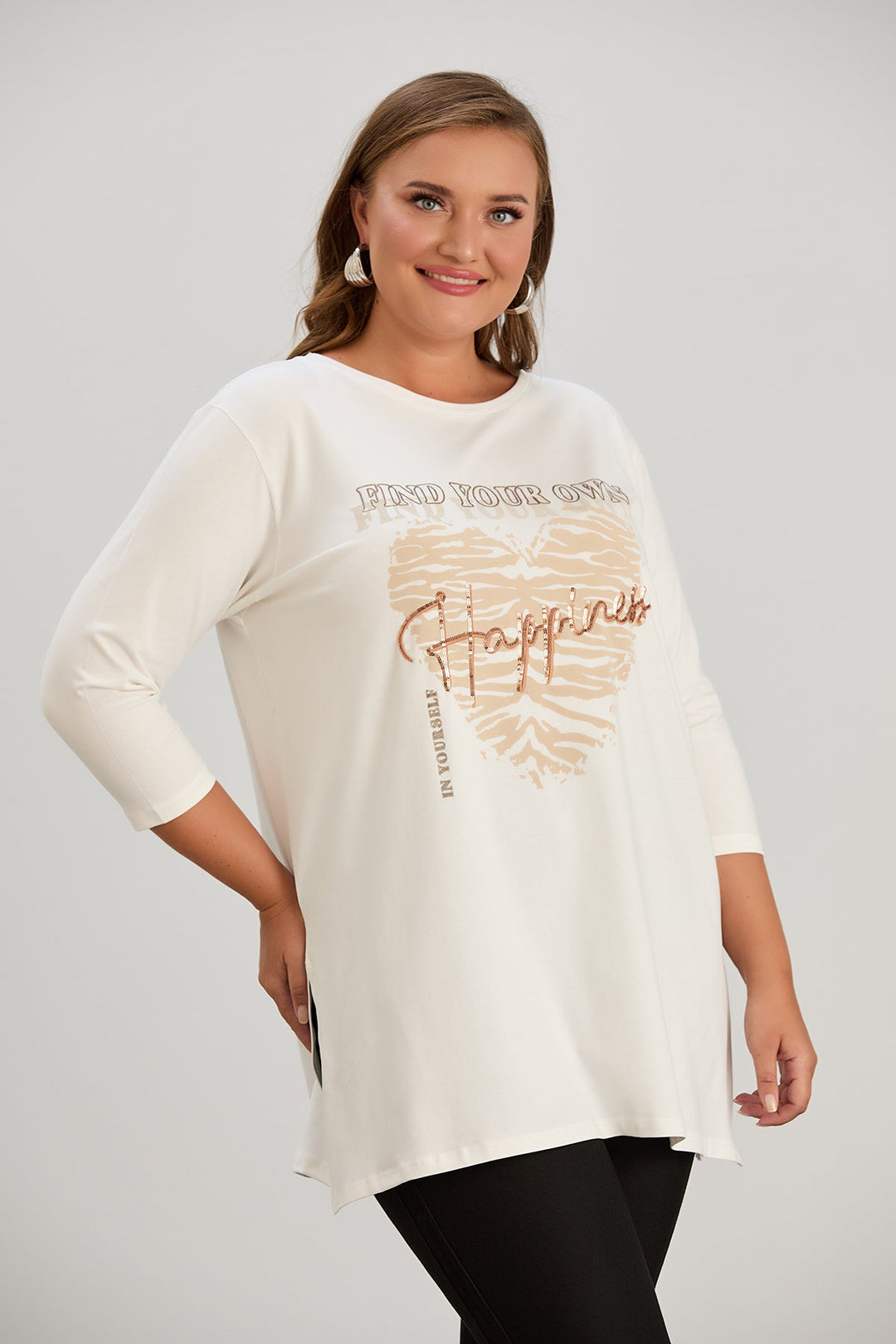 Pamučna tunika u većim veličinama s printom – Happiness – Ecru