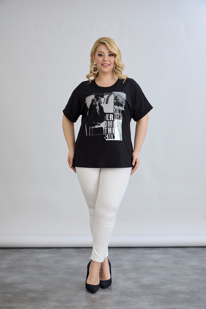 Majica s printom i ukrasnim kamenčićima - Crna