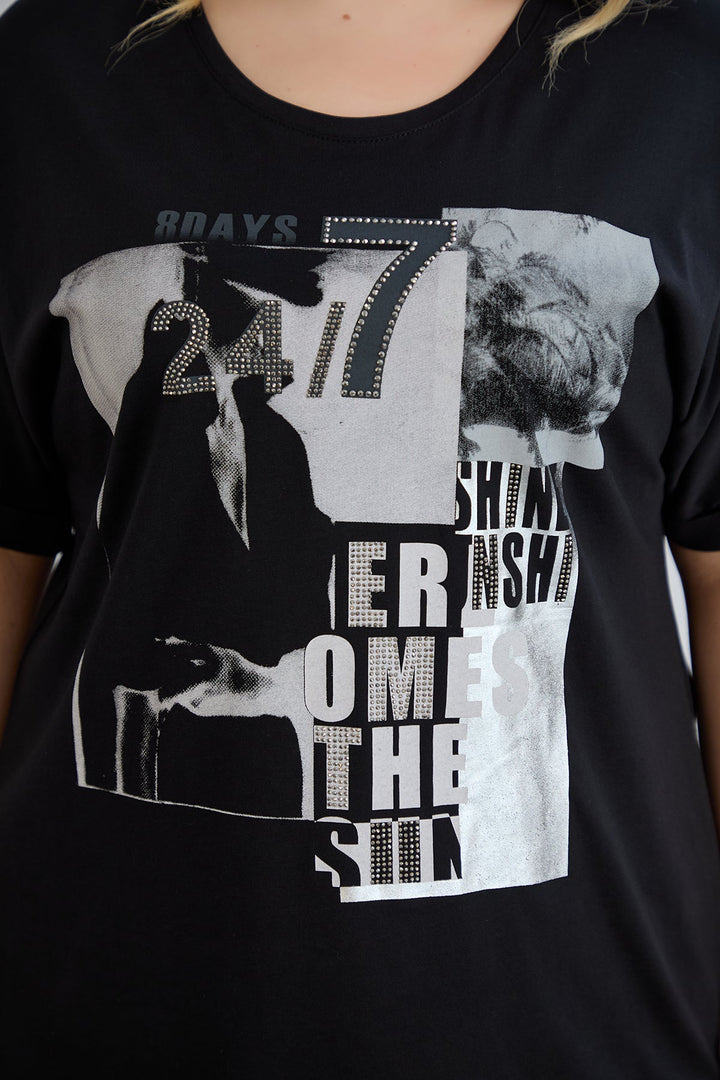 Majica s printom i ukrasnim kamenčićima - Crna