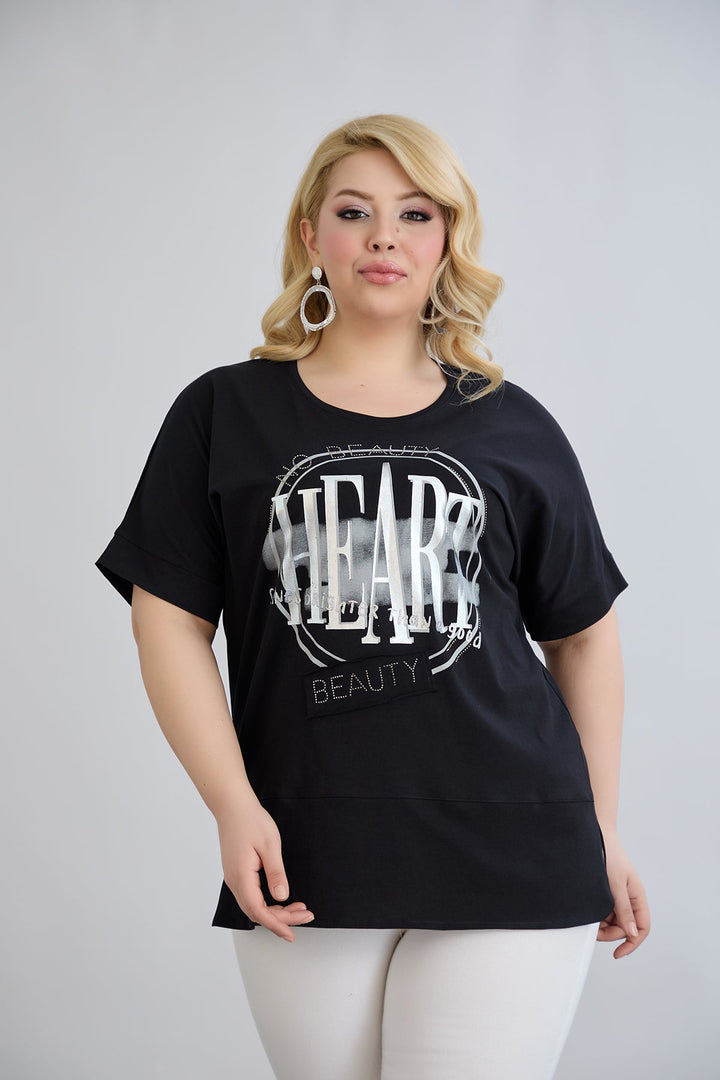 Crna majica s printom i ukrasnim kamenčićima HEART