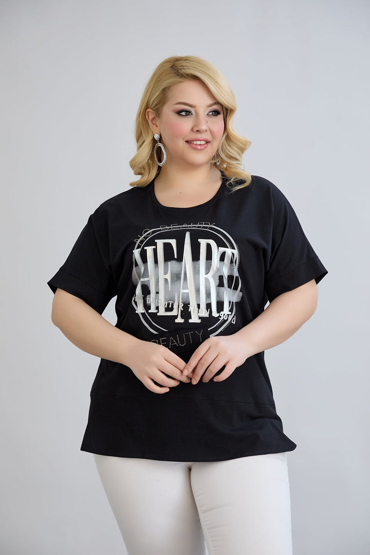 Crna majica s printom i ukrasnim kamenčićima HEART