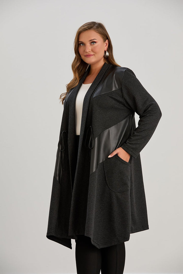 Dugi kardigan s eko-kožnim detaljima - grafit