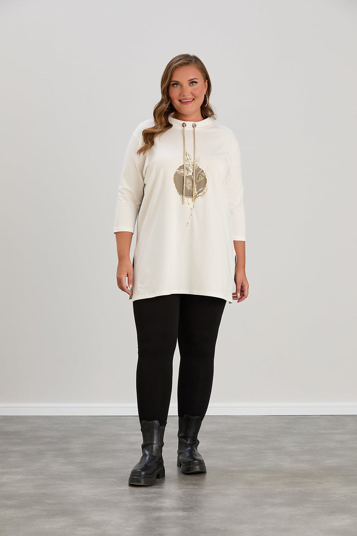 Elegantna pamučna tunika s printom "Zlatni Listovi" - ekru