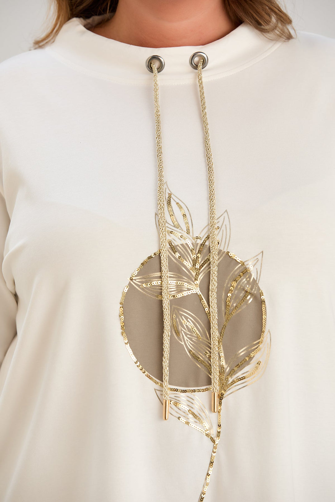 Elegantna pamučna tunika s printom "Zlatni Listovi" - ekru