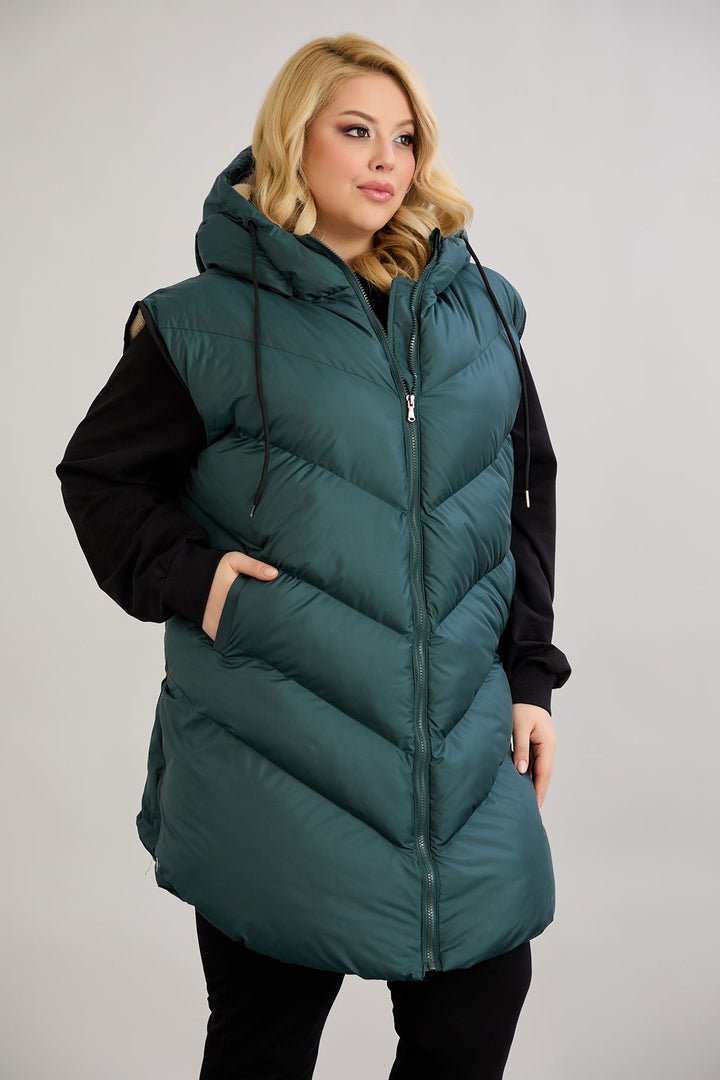 Topli oversize zimski prsluk s podstavom od karakula velikih veličina - Zelena