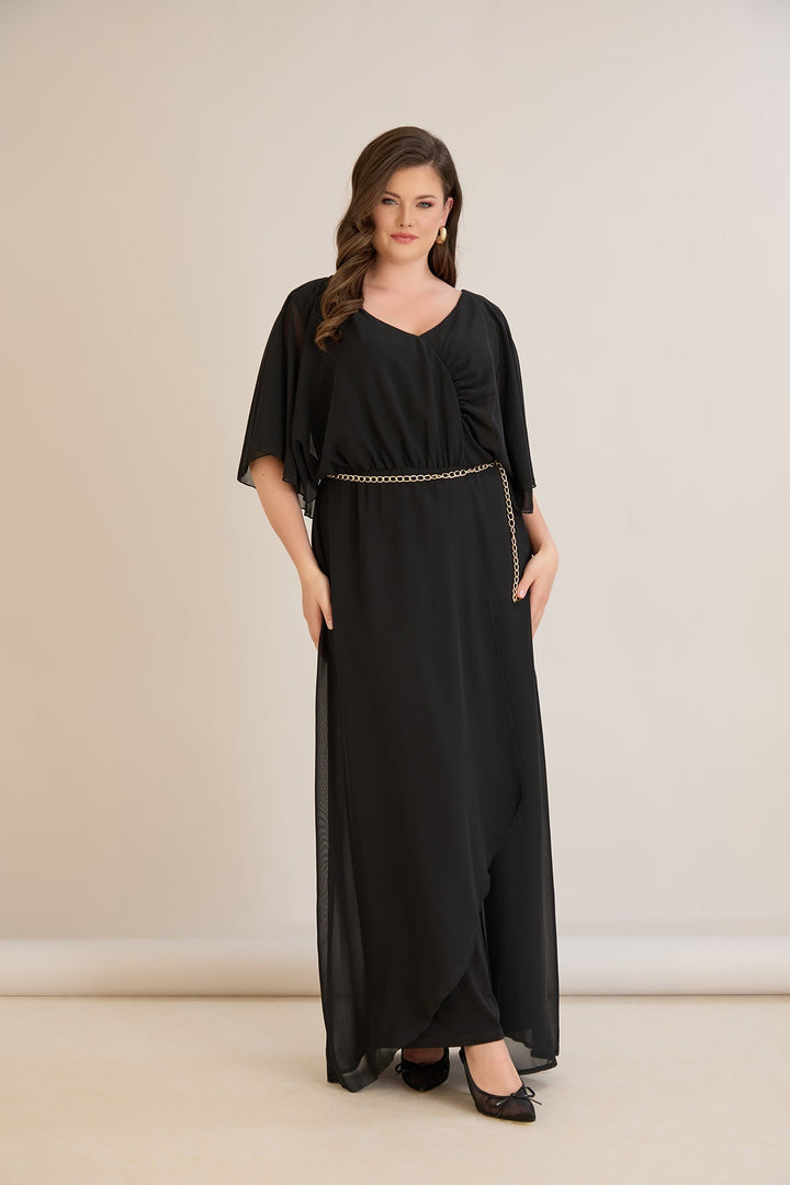 Crni šifonski kombinezon s lančić remenom – za punije žene