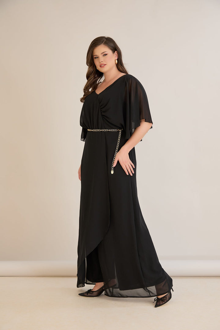 Crni šifonski kombinezon s lančić remenom – za punije žene