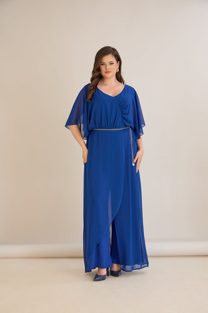 Plavi šifonski kombinezon s lančić remenom – Veći brojevi