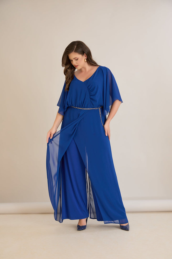Plavi šifonski kombinezon s lančić remenom – Veći brojevi