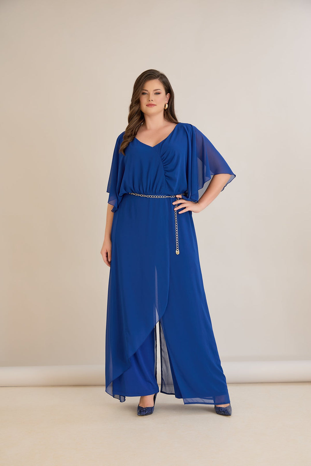 Plavi šifonski kombinezon s lančić remenom – Veći brojevi