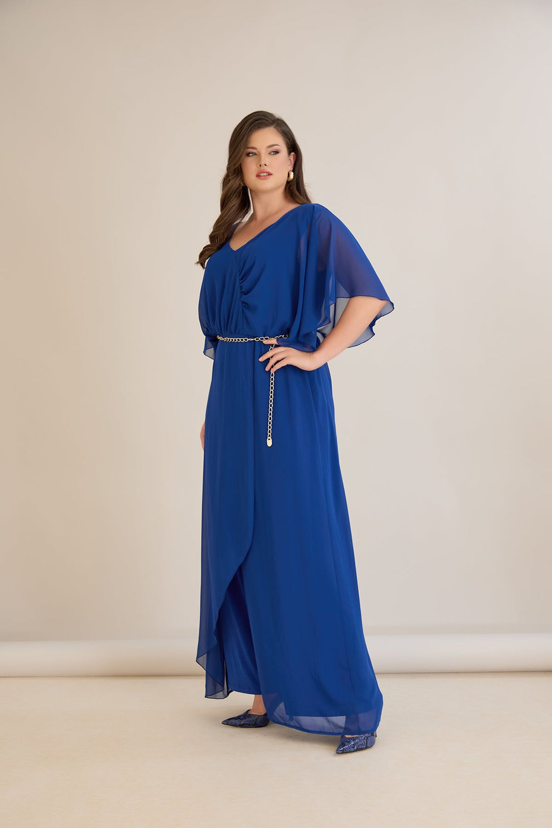 Plavi šifonski kombinezon s lančić remenom – Veći brojevi