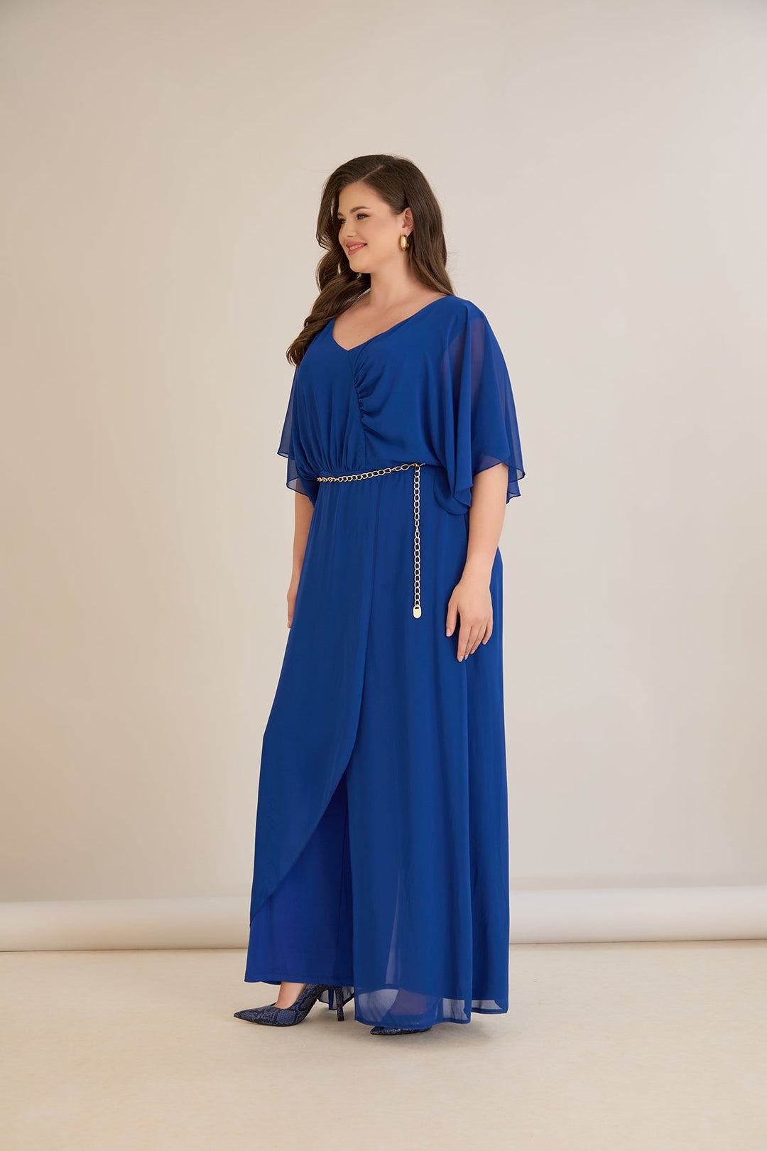 Plavi šifonski kombinezon s lančić remenom – Veći brojevi