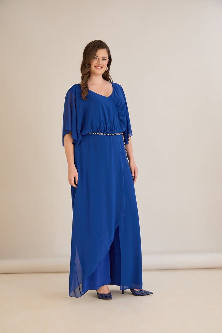 Plavi šifonski kombinezon s lančić remenom – Veći brojevi