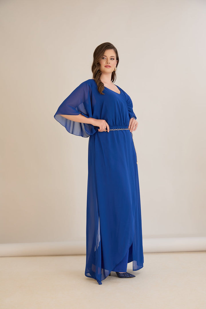 Plavi šifonski kombinezon s lančić remenom – Veći brojevi
