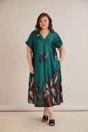 Duga A-kroj haljina od luksuznog satena sa zelenim printom