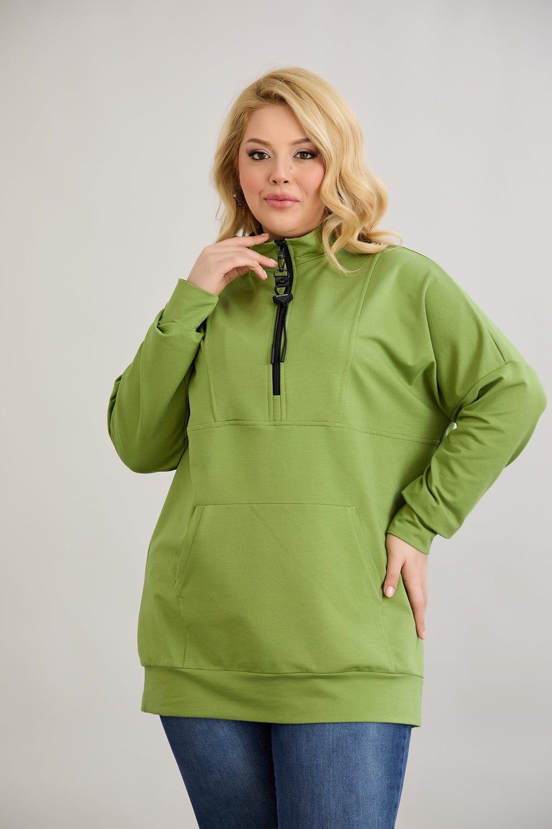 Ženski dukserica s patentnim zatvaračem i dekorativnim šavovima - Zelena