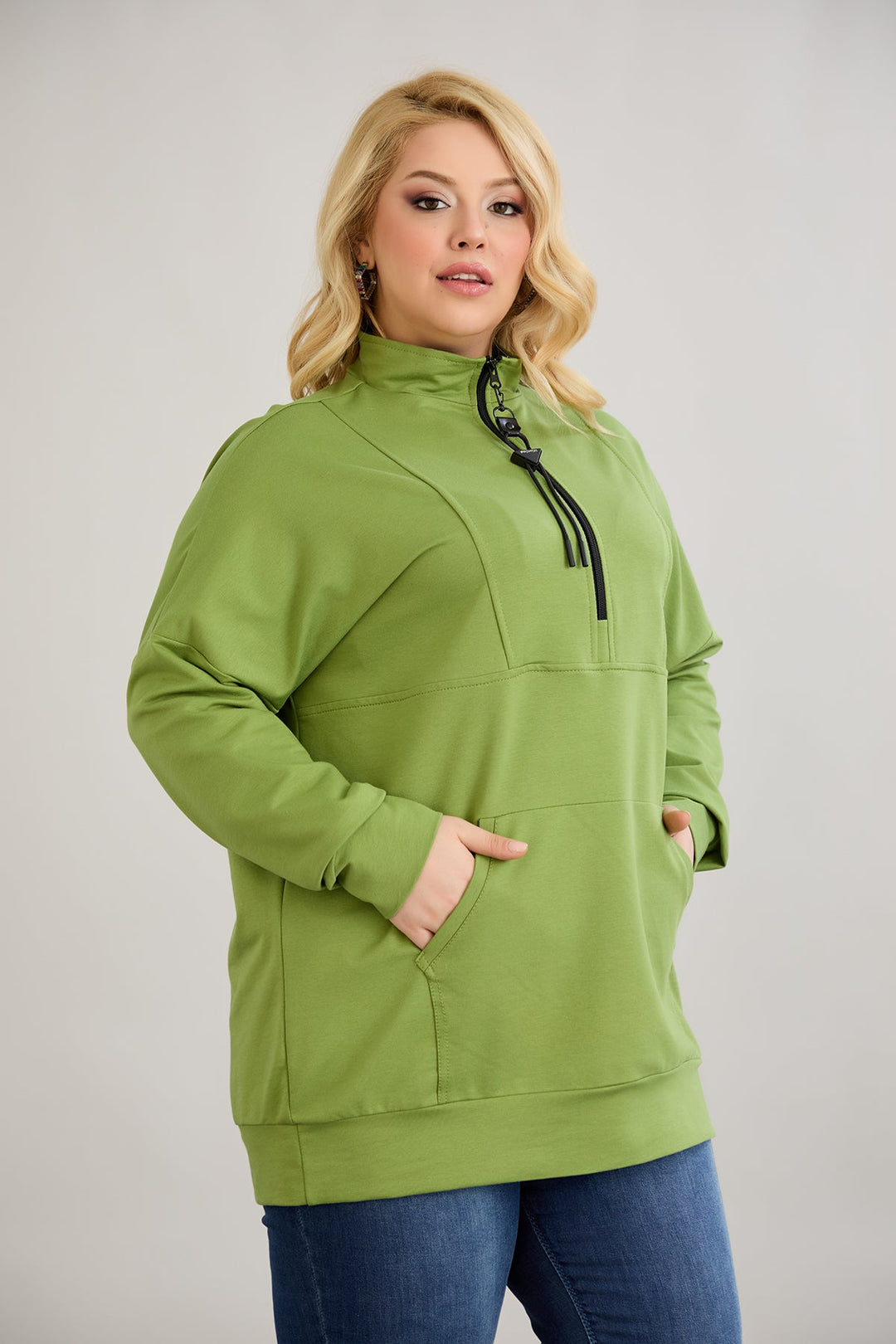 Ženski dukserica s patentnim zatvaračem i dekorativnim šavovima - Zelena